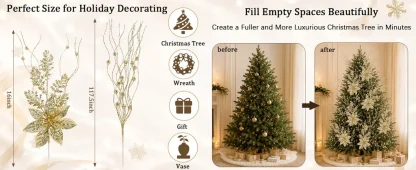 5/10 pièces de décorations dorées pour sapin de Noël, tiges de poinsettia scintillantes, branches de baies pour sapin de Noël, remplissage de vase, décoration de fête de mariage — image 21